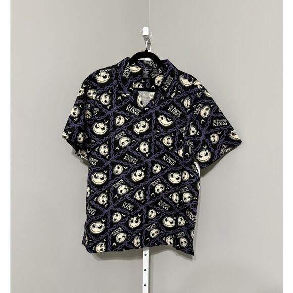 Nightmare Before Christmas Print Button-Up Cotton Shirt with Short Sleeves - Picture 1 of 5